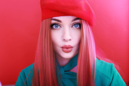red-haired girl in a red headdress. emotional portraitの写真素材