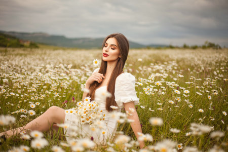 Beautiful girl is relaxing lying on the grass in the gardenの写真素材