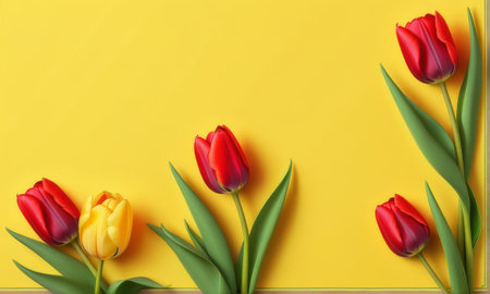 Red and yellow tulips on yellow background. Flat lay, top viewの素材