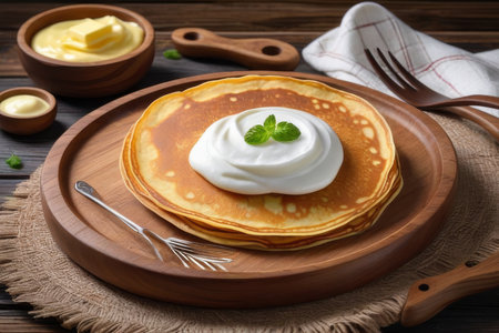 Pancakes with sour cream and butter on a wooden background.の素材