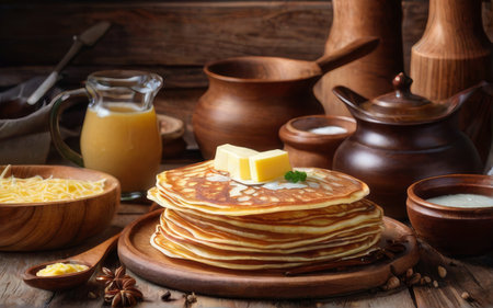 Pancakes with butter and honey on a wooden background. Rustic style.の素材