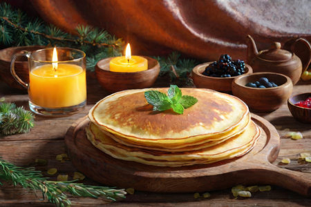 Pancakes with berries and honey on a wooden background. Rustic style.の素材