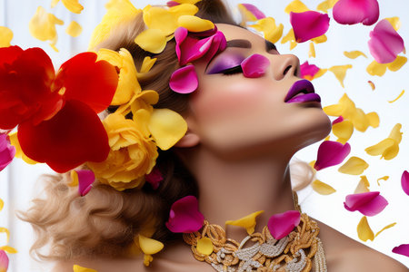 Beautiful young woman with bright make-up and flowers in hairの素材