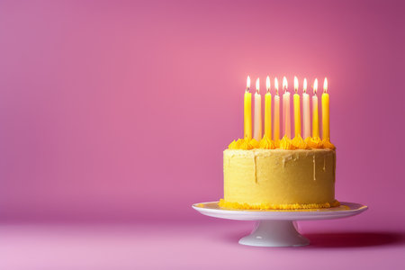 Birthday Cake with pink buttercream icing, colorful sprinkles and lit birthday candle over a bright and saturated yellow background.の素材