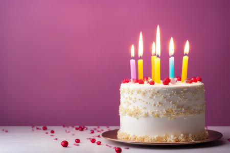 Holiday homemade cake decorated with marshmallow, meringue, candy and candles on a pastel pink background