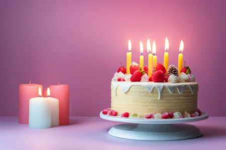 Holiday homemade cake decorated with marshmallow, meringue, candy and candles on a pastel pink backgroundの素材