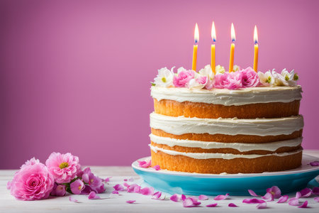 Holiday homemade cake decorated with marshmallow, meringue, candy and candles on a pastel pink backgroundの素材