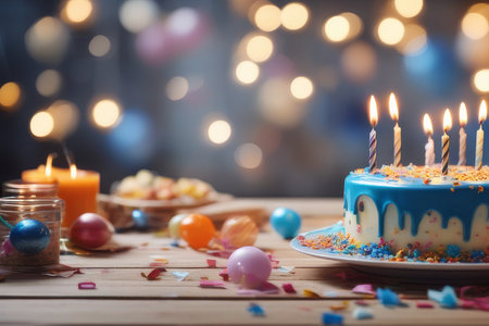 Beautiful birthday cake with burning candles and decor on wooden table. Space for textの素材