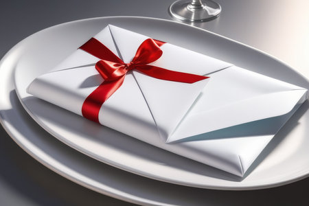 Valentine's Day love letter over plate with silverware. On wooden table backgroundの素材