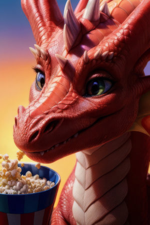 Close up of a red dragon eating popcorn and watching a movie.の素材