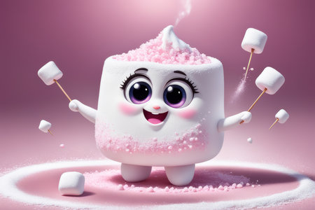 Cute marshmallow character 3D rendering on a pink background.の素材