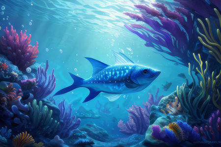 Underwater world with colorful corals and fish. 3d renderingの素材