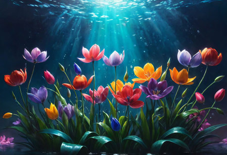 Beautiful tulip flowers in the water. Underwater world.の素材