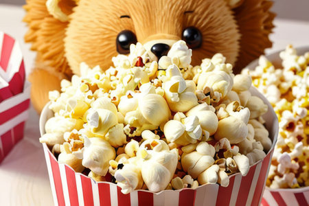 Teddy bear with popcorn in box on wooden table, closeupの素材