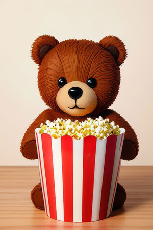teddy bear with popcorn in the box. 3d illustration.の素材