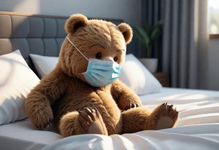 Cute teddy bear in medical mask on bed, closeupの素材