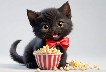 Cute black kitten with a red bow tie and popcorn on a white backgroundの素材