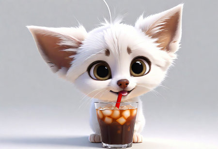 Chihuahua puppy drinks a drink from a straw on a white background. delicious glass of sodaの素材