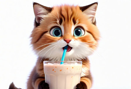 Funny cat drinks milk from a glass on a white background.の素材