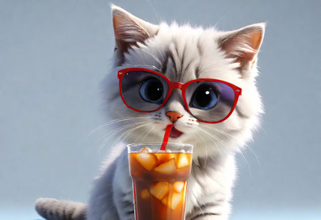 funny cat in red glasses with a glass of ice lemonadeの素材