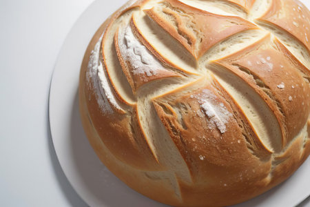 Closeup of a freshly baked loaf of bread on a white plateの素材