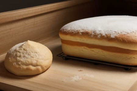 Frame of different types of bread loaves on wooden background with copy space. Bakery, delicious food concept. Top viewの素材
