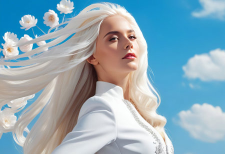 A long-haired blonde stands on a background of blue sky. Peony petals float in the skyの素材