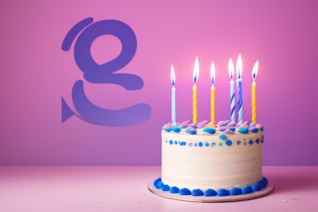 Birthday cake with candles on color backgroundの素材