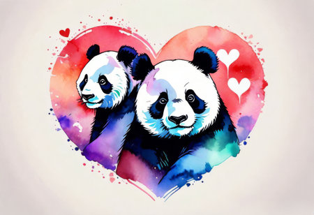 Two cute Cartoon Pandas on a beige background. Valentine's Dayの素材