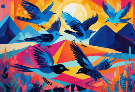 Three colorful little birds are flying.Marker and watercolor hand drawn illustration with birds. Color birds in isolated white background.の素材