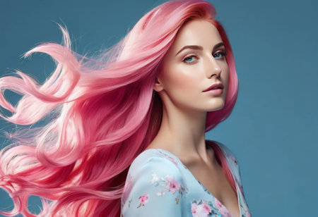 Portrait of a beautiful girl with pink hair on the blue backgroundの素材