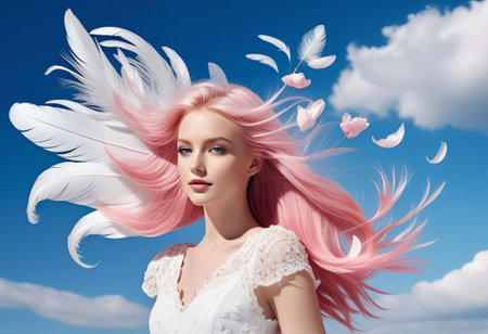 portrait of a beautiful girl with pink hair against the background of a blue sky. feathers and petals are flying around the girlの素材