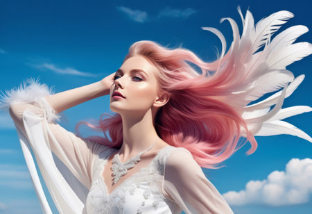 portrait of a beautiful girl with pink hair against the background of a blue sky. feathers and petals are flying around the girlの素材