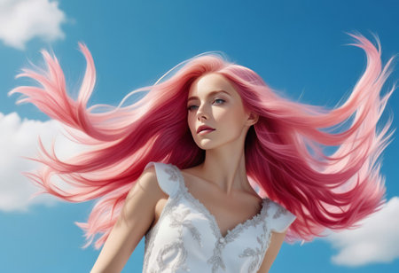 Fantasy girl with long pink flowing hair. Spring or summer teenage beauty with flowers. Fashion art beauty portrait.の素材