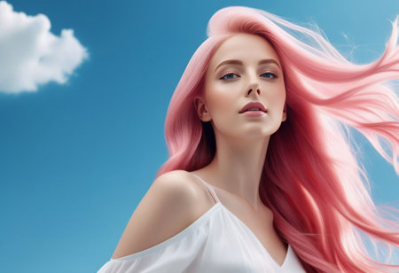 Fantasy girl with long pink flowing hair. Spring or summer teenage beauty with flowers. Fashion art beauty portrait.の素材