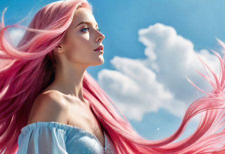 Fantasy girl with long pink flowing hair. Spring or summer teenage beauty with flowers. Fashion art beauty portrait.の素材