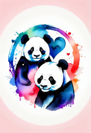 Two cute Cartoon Pandas on a beige background. Valentine's Dayの素材