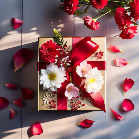 Gift box with red ribbon, flowers and petals on a wooden backgroundの素材