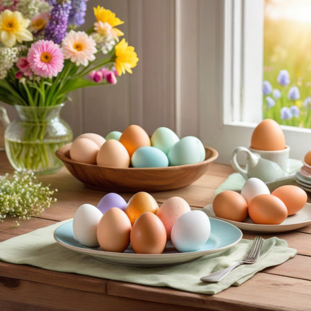Colorful Easter eggs in a plate on a wooden table next to a bouquet of flowersの素材