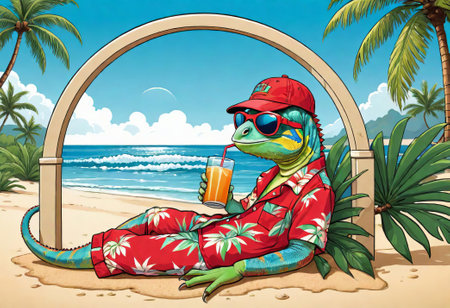 A tired chameleon rests and drinks a cold cocktail while sitting in a sun lounger on the beach. image for prints, posters and illustrations.の素材