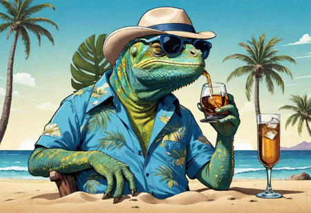 A tired chameleon rests and drinks a cold cocktail while sitting in a sun lounger on the beach. image for prints, posters and illustrations.の素材