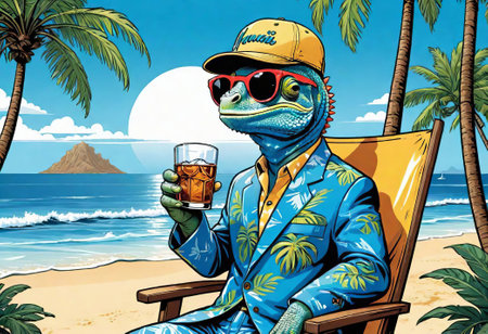 A tired chameleon rests and drinks a cold cocktail while sitting in a sun lounger on the beach. image for prints, posters and illustrations.の素材