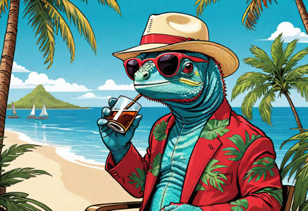 A tired chameleon rests and drinks a cold cocktail while sitting in a sun lounger on the beach. image for prints, posters and illustrations.の素材