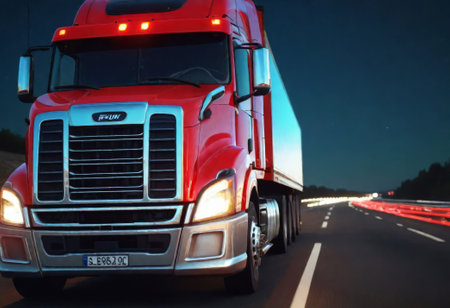 Big rig stylish industrial red semi truck with turned on headlights transporting cargo in refrigerator semi trailer running on the twilight wet road with light reflection surface in rain weatherの素材