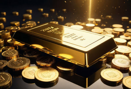 Falling price of gold represented by a golden yellow metal bar and dollar coins going down from sky,gold drop,pricing,rich,price of life,lottery winner concept,3d rendering illustrationの素材