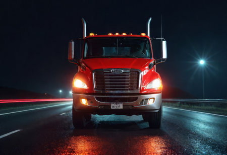 Big rig stylish industrial red semi truck with turned on headlights transporting cargo in refrigerator semi trailer running on the twilight wet road with light reflection surface in rain weatherの素材