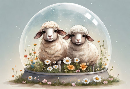 Two sheep in a glass ball with flowers on a gray background.の素材