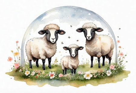 Sheep and lambs in a bubble. Watercolor illustration.の素材
