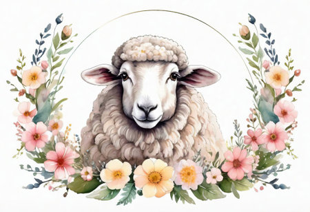 Watercolor illustration of a sheep with floral frame on white background.の素材