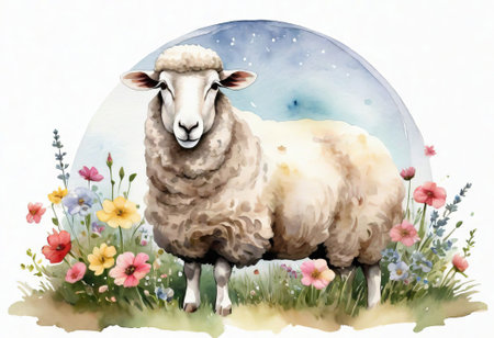 cartoon image with sheep and flowers on white background - illustration for childrenの素材
